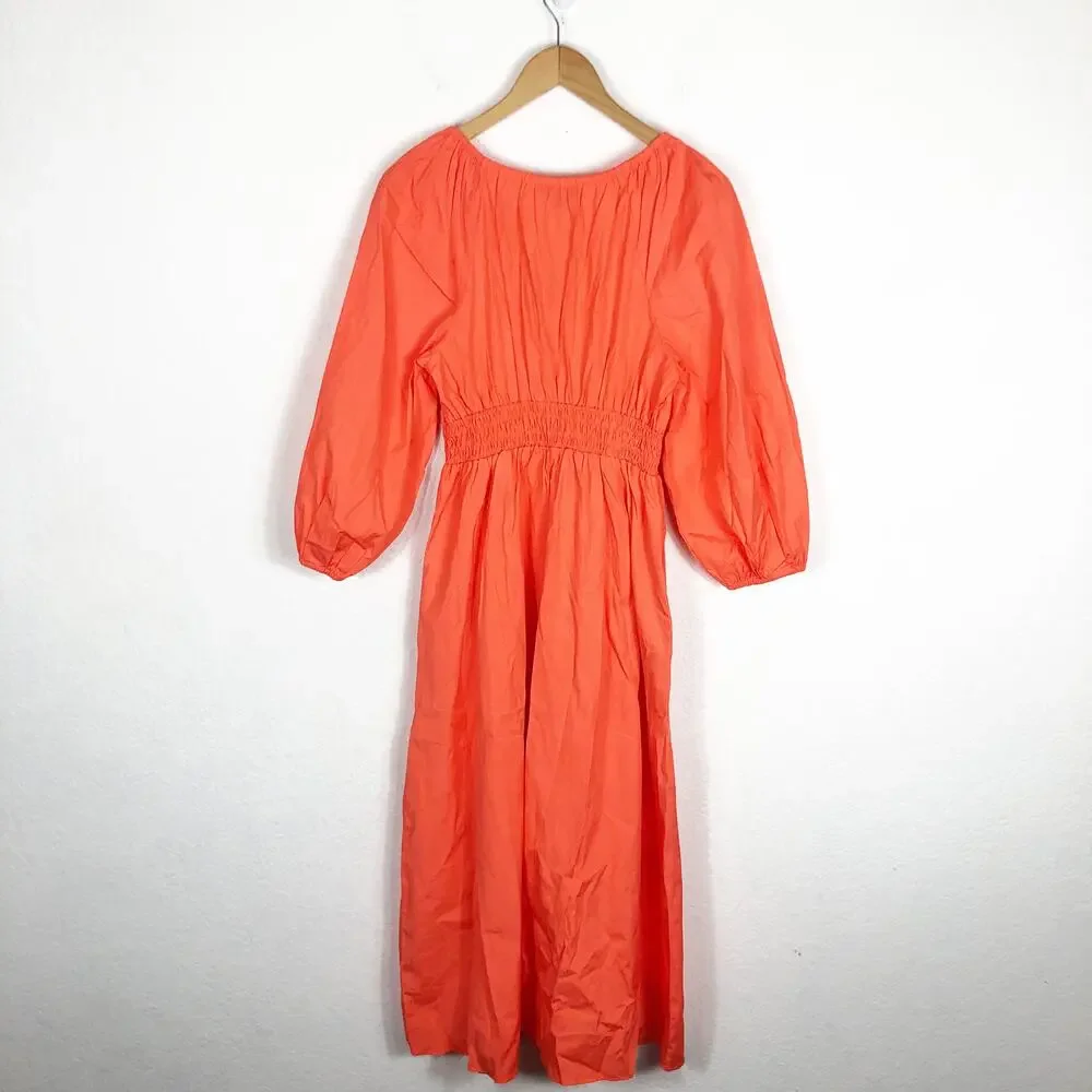 NWT J. CREW Orange Cotton Poplin V Neck Smocked Waist Midi Dress Size XS Boho
